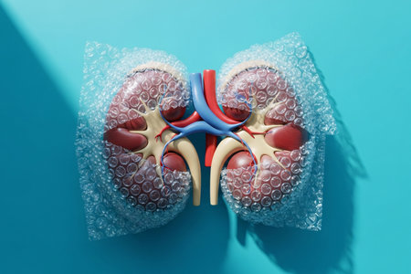 Creative medical concept showing human kidney model wrapped in bubble plastic on blue background, symbolizing organ protection, safety, and kidney health awareness.の素材