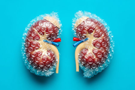 Creative medical concept showing human kidney model wrapped in bubble plastic on blue background, symbolizing organ protection, safety, and kidney health awareness.の素材
