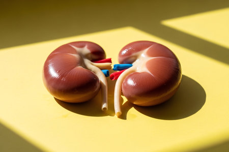 Realistic human kidney model displayed on a bright yellow background with dramatic shadow, symbolizing kidney health, anatomy study, and medical education concept.の素材
