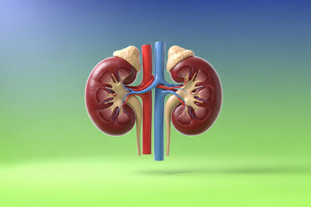 3D rendered human kidney anatomy model with adrenal glands, isolated on blue and green gradient background. Concept of nephrology, renal health, medical education, and anatomy science.の素材