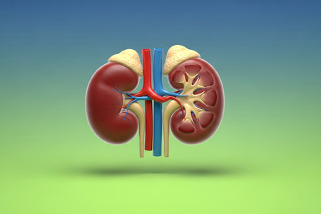 3D rendered human kidney anatomy model with adrenal glands, isolated on blue and green gradient background. Concept of nephrology, renal health, medical education, and anatomy science.の素材