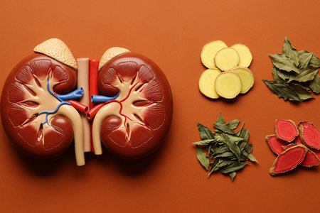 Realistic kidney anatomy model placed alongside various medicinal herbs such as turmeric, ginger, bay leaves, and traditional roots. Concept of natural remedies, kidney health, herbal medicine, and nephrology care.の素材