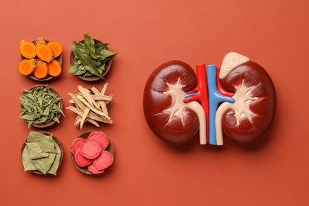 Realistic kidney anatomy model placed alongside various medicinal herbs such as turmeric, ginger, bay leaves, and traditional roots. Concept of natural remedies, kidney health, herbal medicine, and nephrology care.の素材