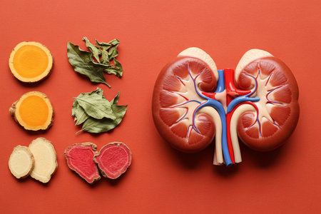 Realistic kidney anatomy model placed alongside various medicinal herbs such as turmeric, ginger, bay leaves, and traditional roots. Concept of natural remedies, kidney health, herbal medicine, and nephrology care.の素材