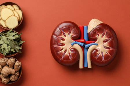 Realistic kidney anatomy model placed alongside various medicinal herbs such as turmeric, ginger, bay leaves, and traditional roots. Concept of natural remedies, kidney health, herbal medicine, and nephrology care.の素材