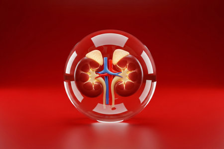 3D medical illustration of human kidneys with adrenal glands preserved inside a transparent glass dome on red background, symbolizing organ protection and healthcare.の素材