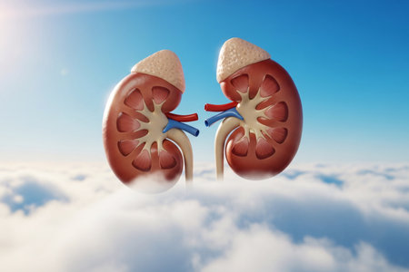 3D medical illustration of human kidneys with adrenal glands floating above bright clouds under blue sky, symbolizing health, purity, and organ vitality.の素材