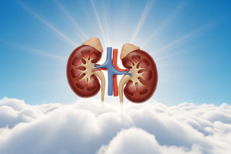 3D medical illustration of human kidneys with adrenal glands floating above bright clouds under blue sky, symbolizing health, purity, and organ vitality.の素材