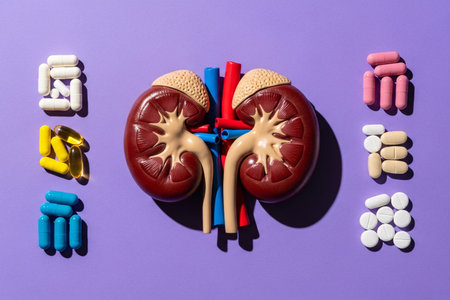 3D illustration of human kidneys surrounded by colorful pills, tablets, and capsules on purple background, symbolizing kidney health, treatment, and medicine.の素材