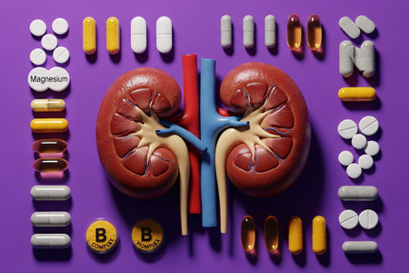 3D illustration of human kidneys surrounded by colorful pills, tablets, and capsules on purple background, symbolizing kidney health, treatment, and medicine.の素材