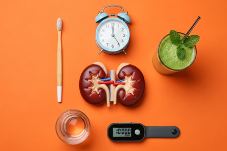Creative medical illustration of human kidneys placed with healthy lifestyle items like clock, toothbrush, green smoothie, water glass, and fitness tracker on orange background, symbolizing daily habits for kidney health.の素材