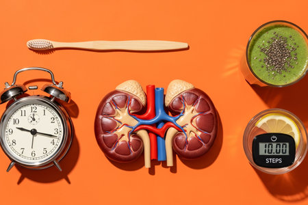 Creative medical illustration of human kidneys placed with healthy lifestyle items like clock, toothbrush, green smoothie, water glass, and fitness tracker on orange background, symbolizing daily habits for kidney health.の素材
