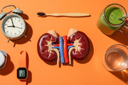 Creative medical illustration of human kidneys placed with healthy lifestyle items like clock, toothbrush, green smoothie, water glass, and fitness tracker on orange background, symbolizing daily habits for kidney health.の素材