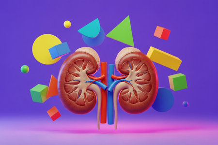 3D medical illustration of human kidneys with adrenal glands placed against a vibrant purple background decorated with colorful geometric shapes, symbolizing health, science, and education in a creative style.の素材