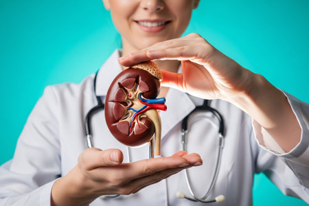 Close-up of a doctor holding a detailed human kidney model, representing medical education, nephrology healthcare, anatomy learning, and kidney disease awareness.の素材