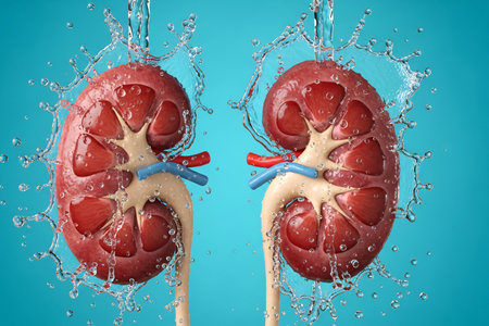 3D medical illustration of human kidneys surrounded by dynamic water splashes on a blue background, symbolizing hydration, kidney function, and urinary health. This creative anatomical visualization emphasizes the importance of water intake and kidney wellness in maintaining overall body balance.の素材