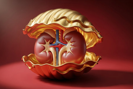 3D medical illustration of human kidneys enclosed in a golden shell, symbolizing organ protection, healthcare, and the precious value of renal health in modern science.の素材