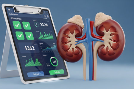 3D medical illustration of human kidneys next to a digital health report dashboard, symbolizing kidney function monitoring, healthcare analysis, and medical diagnostics.の素材