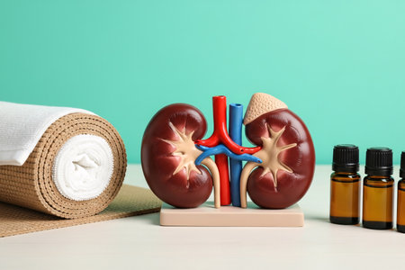 Flat lay composition of human kidney model with yoga mat, rolled towel, and essential oil bottles, symbolizing holistic health, relaxation, and natural kidney care through wellness practices.の素材