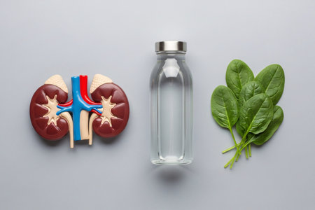 Flat lay composition of human kidney model with a glass water bottle and fresh spinach leaves, symbolizing hydration, nutrition, and natural kidney health care.の素材