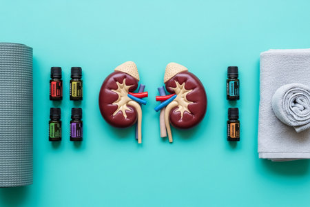 Flat lay composition of human kidney model with yoga mat, rolled towel, and essential oil bottles, symbolizing holistic health, relaxation, and natural kidney care through wellness practices.の素材