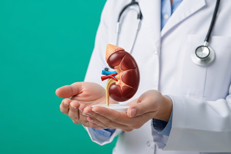Close-up of a doctor holding a detailed human kidney model, representing medical education, nephrology healthcare, anatomy learning, and kidney disease awareness.の素材