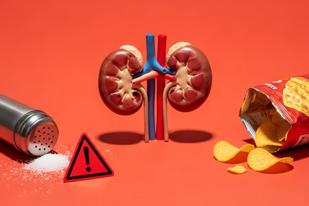Conceptual composition of human kidney model surrounded by unhealthy foods like chips, instant noodles, hotdog, soda, and excess salt with warning signs, symbolizing kidney disease risks from poor diet and high sodium intake.の素材