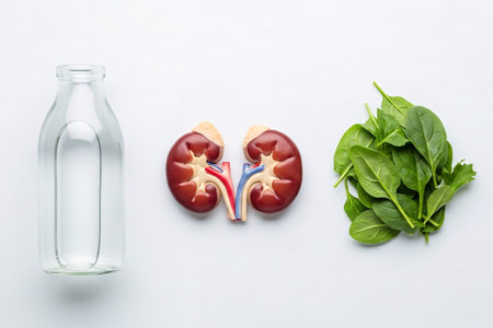 Flat lay composition of human kidney model with a glass water bottle and fresh spinach leaves, symbolizing hydration, nutrition, and natural kidney health care.の素材