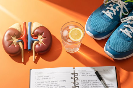 Flat lay of human kidney model with sneakers, glass of water, and daily health planner, symbolizing kidney wellness through hydration, physical activity, and healthy habits.の素材