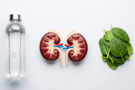 Flat lay composition of human kidney model with a glass water bottle and fresh spinach leaves, symbolizing hydration, nutrition, and natural kidney health care.の素材