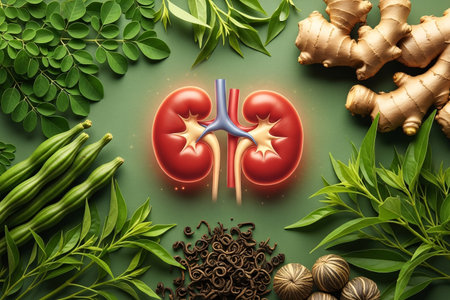Creative arrangement of human kidney model surrounded by medicinal herbs such as moringa leaves, ginger, tea leaves, and other natural plants, symbolizing the role of traditional herbal medicine, nutrition, and holistic wellness in supporting kidney health.の素材