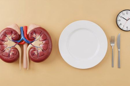 Creative composition of human kidney model, empty plate with cutlery, and clock, symbolizing the concept of intermittent fasting, time-restricted eating, and its impact on kidney health and overall wellness.の素材