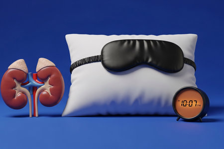 3D illustration of human kidneys placed beside a pillow, sleep mask, and alarm clock, symbolizing connection between sleep, kidney health, and body function.の素材