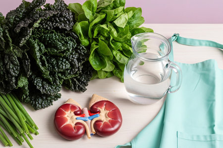 3D illustration of human kidneys placed with fresh leafy vegetables, water jug, and kitchen apron, symbolizing nutrition, hydration, and healthy diet for kidney wellness.の素材
