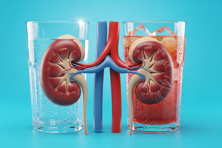 3D illustration of human kidneys placed between glasses of water and colorful sugary drinks, symbolizing healthy hydration versus harmful beverage choices for kidney health.の素材