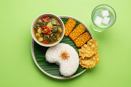 Top view of Indonesian traditional meal served on kidney-shaped plate with white rice, vegetable soup, tempeh, and glass of water, symbolizing healthy diet and kidney wellness.の素材