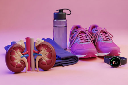 3D anatomical model of human kidneys displayed with sports shoes, smartwatch, water bottle, and gym wear, symbolizing health, hydration, and active lifestyle.の素材