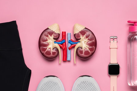 3D anatomical model of human kidneys displayed with sports shoes, smartwatch, water bottle, and gym wear, symbolizing health, hydration, and active lifestyle.の素材