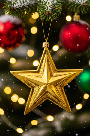 Close-up of a golden star decoration hanging from a pine branch with snow and glowing holiday lights in the background, symbolizing festive spirit and winter celebrationの素材