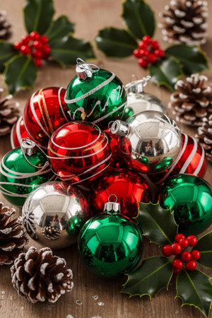 Red, green, and silver Christmas baubles arranged with pinecones and holly leaves on a rustic wooden table, symbolizing traditional holiday decor and festive celebrationの素材