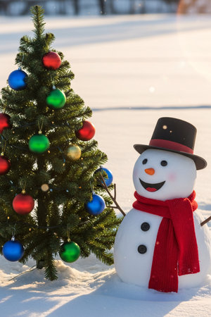 Smiling snowman with red scarf and black hat standing next to a decorated Christmas tree with colorful baubles and lights in a snowy winter landscapeの素材