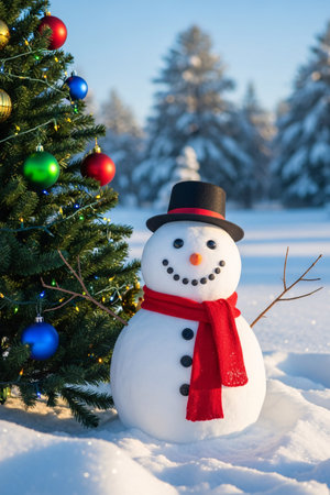 Smiling snowman with red scarf and black hat standing next to a decorated Christmas tree with colorful baubles and lights in a snowy winter landscapeの素材