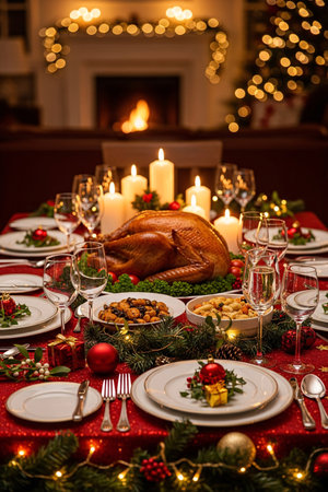 Festive roast turkey served with mashed potatoes, green beans, stuffing, and wine on an elegant Christmas dinner table decorated with candles and ornamentsの素材