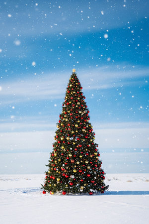 Large outdoor Christmas tree decorated with colorful ornaments and twinkling lights, standing in a snowy winter field during snowfall at sunsetの素材