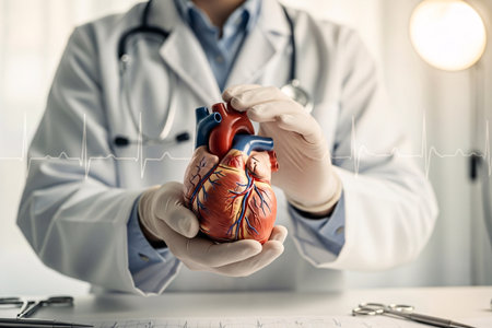 A doctor presents a 3D heart anatomy model, highlighting the hearts structure and blood flow, ideal for use in medical classrooms or anatomy workshops.の素材