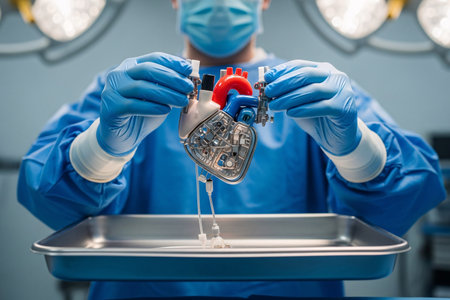 A medical expert carefully assembles a mechanical heart with components for surgery, accompanied by essential surgical tools and equipment.の素材