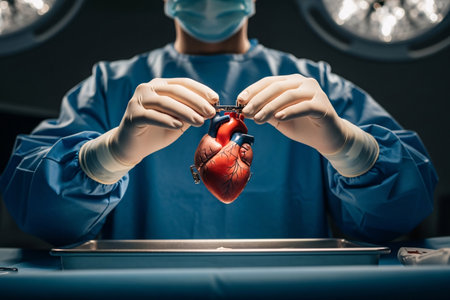 A close-up of a heart surgeon holding an artificial heart with various mechanical components, surrounded by surgical tools in a sterile operating environment.の素材