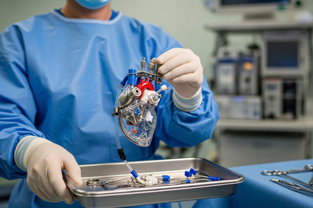 A detailed image showing a medical professional preparing a mechanical heart for surgery, with medical equipment and surgical tools in the background.の素材