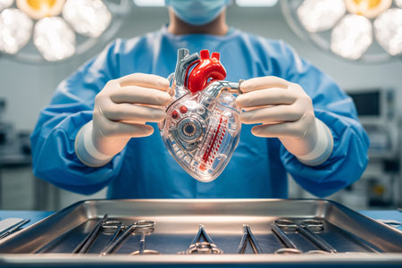 A surgeon holds a heart model with intricate mechanical components, prepared for surgery, with surgical instruments laid out for the procedure.の素材