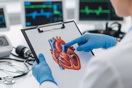 Cardio human heart diagram on clipboard viewed by medical professional during consultation, explaining heart structure, vessel system, and circulatory flow.の素材